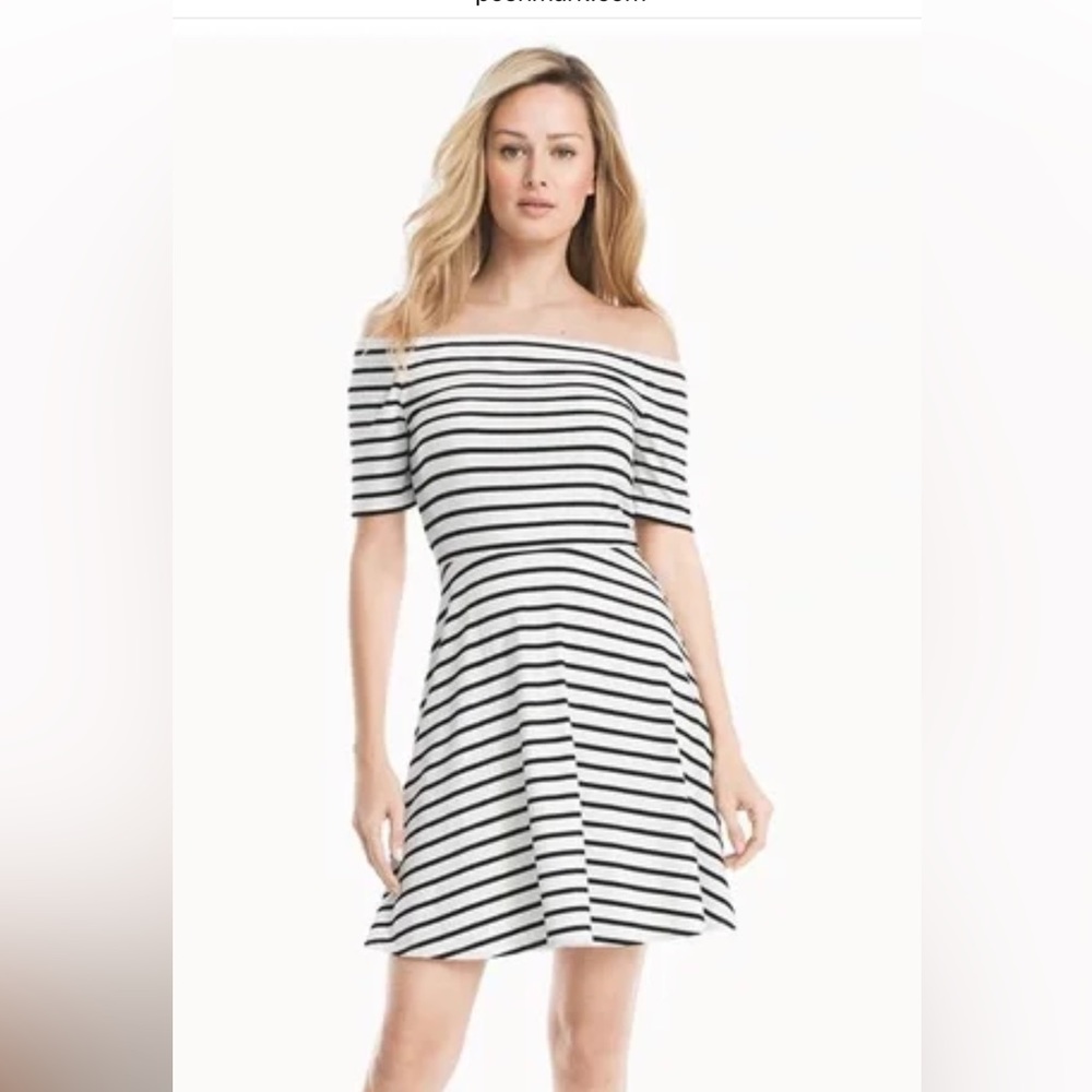 White House Black Market off the shoulder sneaker striped dress.